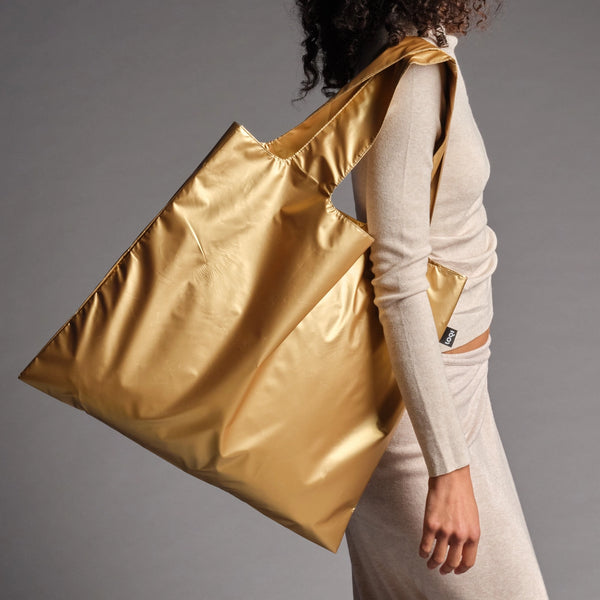 Loqi Reusable Recycled Bag - Metallic Gold Bag with Zip Pocket -