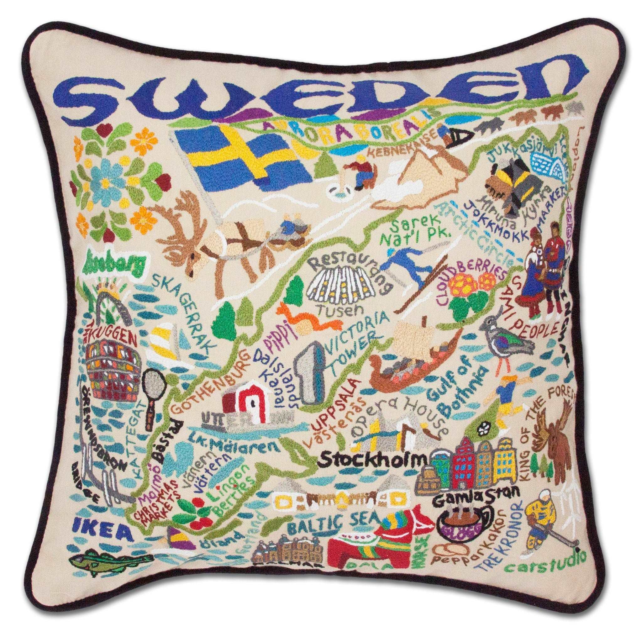 Hand Embroidered Pillow - Sweden - Håndbroderet pude med motiver