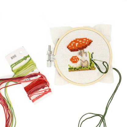 Kikkerland Mini Cross Stitch Embroidery Kit - Mushrooms